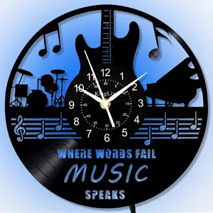 Music Guitar Vinyl Record Wall Clock, Creative Decorative Clock, LED Night Light, Remote Control, 12 Inch Vintage Aesthetic, Room Decor, Guitar Gifts for Men