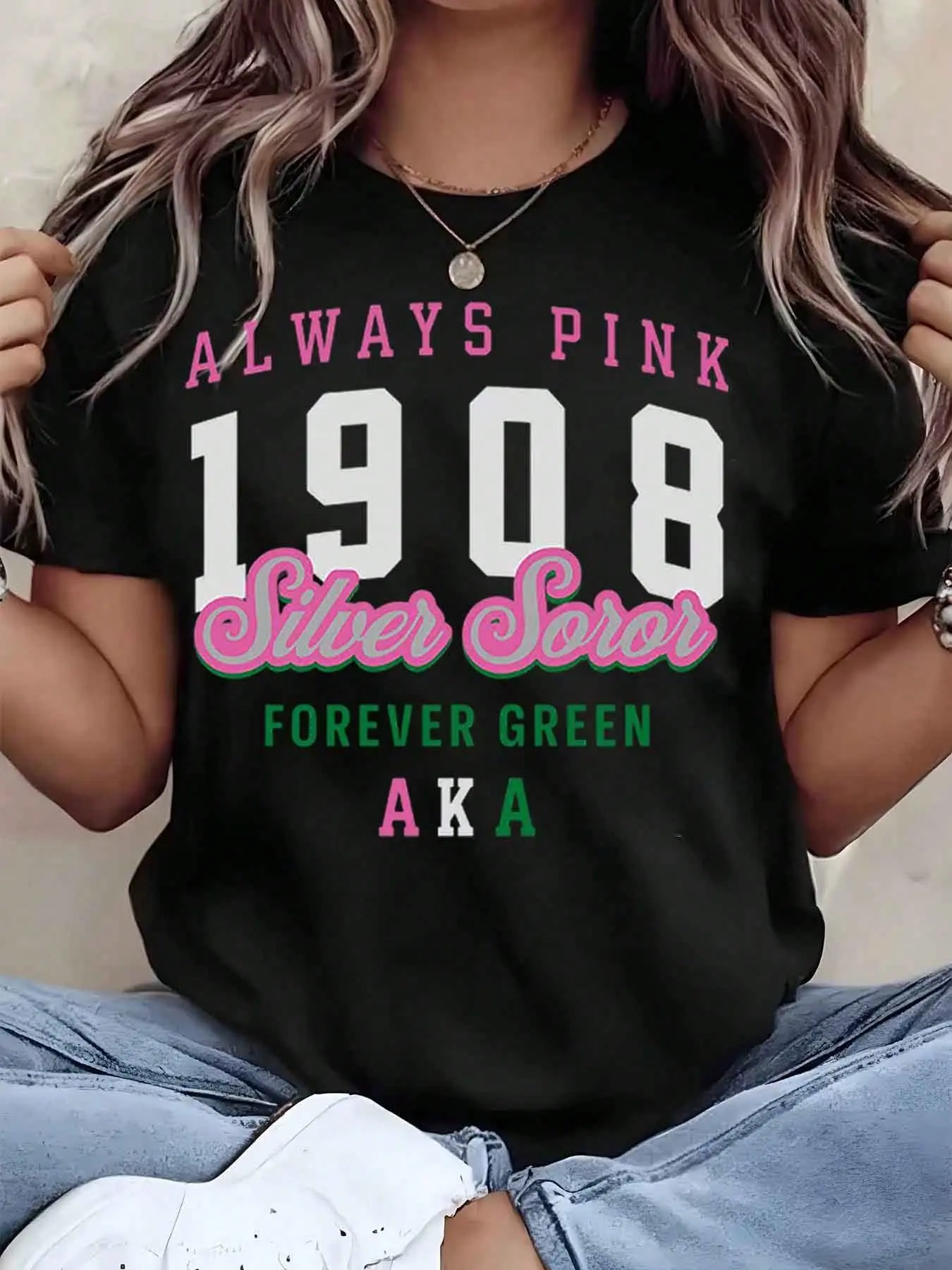 Women's Colorful Short-Sleeve Round Neck Graphic T-Shirt Tops - Lightweight, Comfortable Clothes, 1-Piece Sorority 1908 Silver Soror Forever Green Printed Casual Style Gift for Sisters