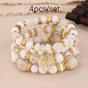 4Pcs Boho Tree of Life Heart Bracelet Set White Bead Gold Accent