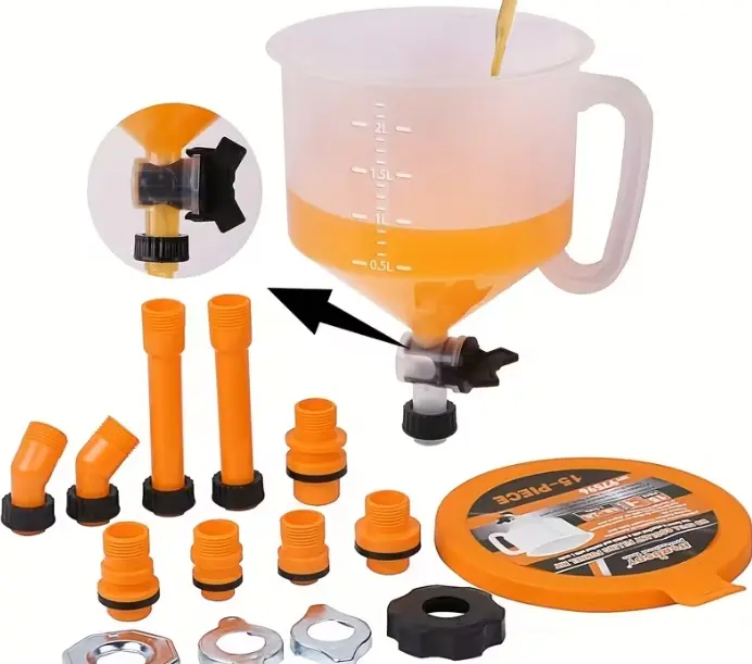 No-Spill Coolant Funnel Kit with Valve and different size attachments