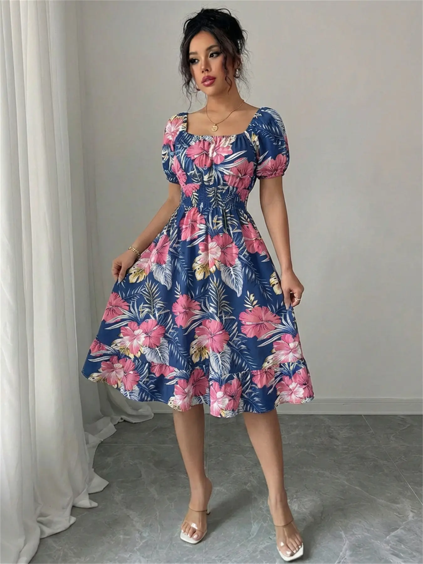 Women's Square Neck Floral Sundress Smocked Waist Short Sleeve Ruffled Hem Midi Beach Cover Up