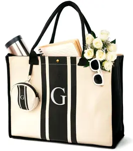 Initial Canvas Tote Bag - Embroidered Letter Bag, Cotton Rush Bag, Monogrammed Women’s Handbag Small Make Up Pouch