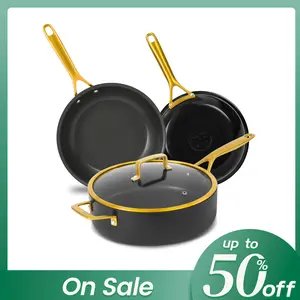 Hard Anodized Nonstick 4 Piece Cookware Pots And Pans Set, Golden Handle, PFAS-Free, Dishwasher Safe, Oven Safe, Black Frying Pan