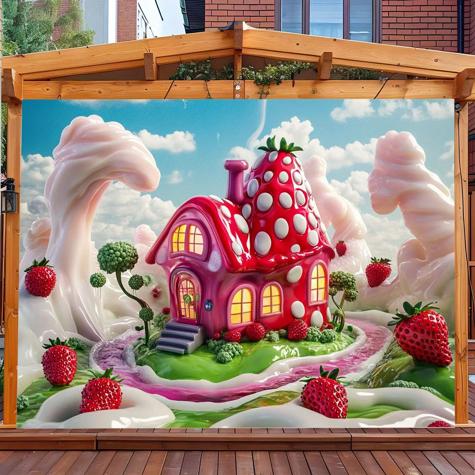 1pc Candy-Colored Polyester Photography Backdrop - Whimsical Strawberry House & Candy Swirl Landscape Design, No Power Needed, All-Season Party & Studio Props for Birthdays, Weddings, Photo Shoots, Strawberry Party Decorations Banners Ornaments