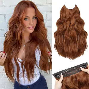 Halo Hair Extensions 20 Inch Auburn Invisible Wire Hair Extensions Long Wavy Synthetic Hairpiece with Transparent Wire Adjustable Size 4 Secure Clips for Women