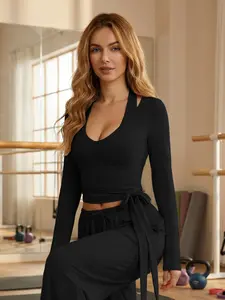 Women's Casual V Neck Long Sleeve Sports Top Gym Tops, Fall & Winter Tight-Fit Drawstring Design, Random Print Fabric for Comfortable Wear, Athletic Fashion Activewear, Gym Athletic Clothes