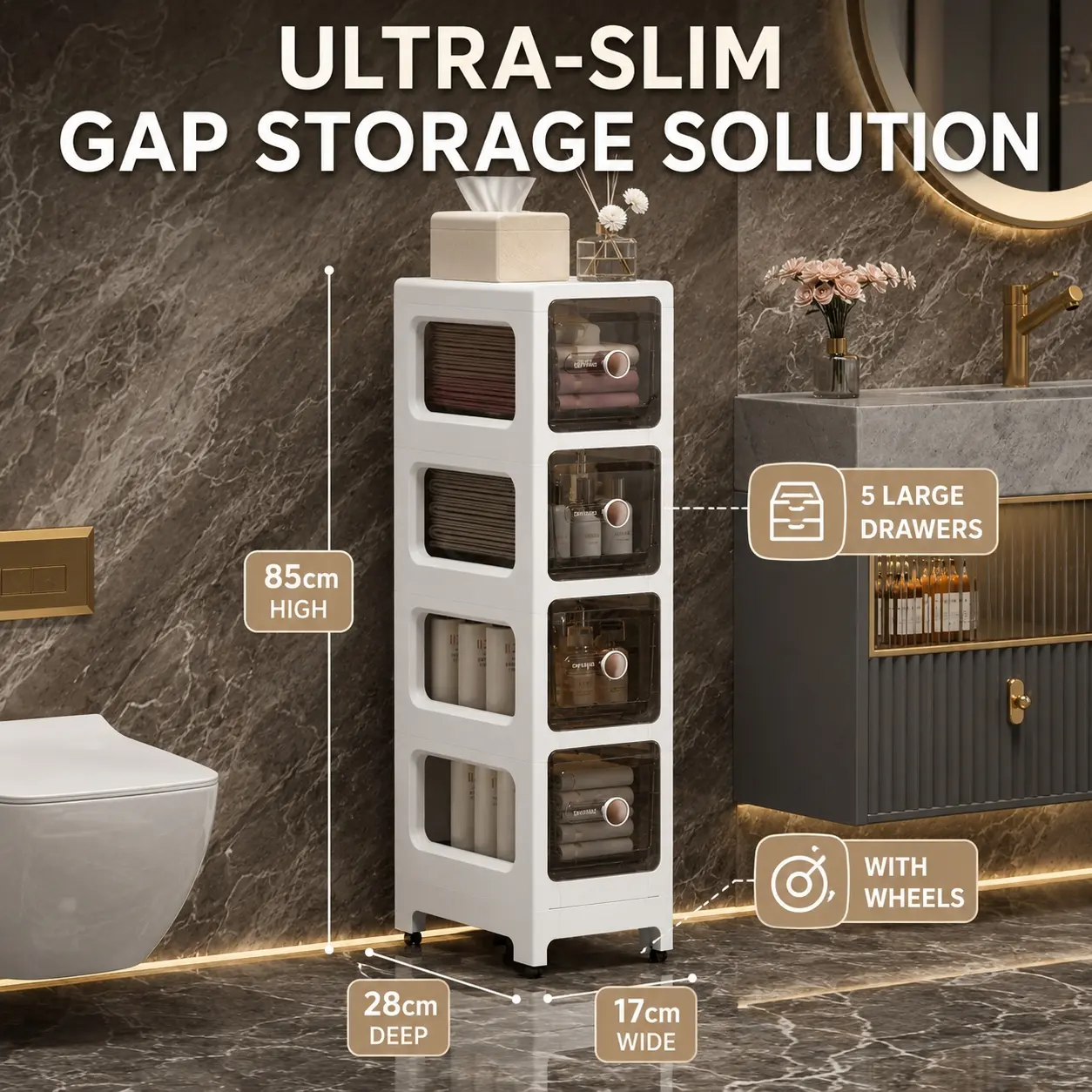 Minimalist Slim Bathroom Organizer Rack, Aesthetic Clear Crevice Modern Vertical Drawer Cabinet, Freestanding Narrow Floor Shelf, Drawers and Storage