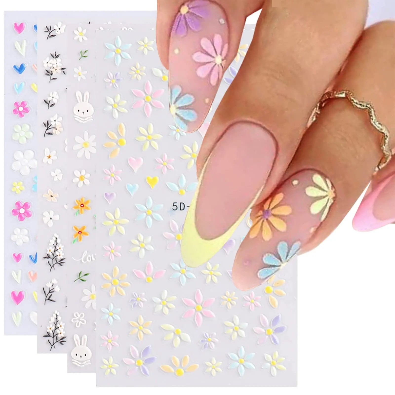 SpexArt Flower Nail Art Stickers 5D Embossed Nail Decals Spring Daisy Nail Art Design Self Adhesive Nail Supplies White Yellow Colorful Flower Nail Stickers for Women Nail Decoration