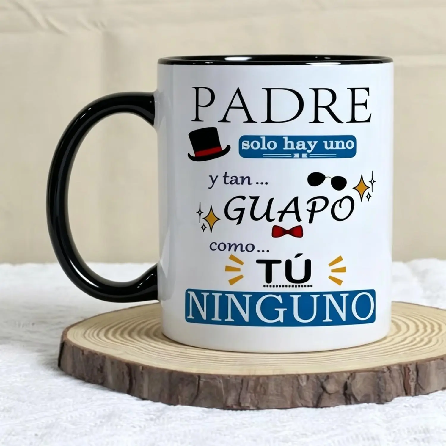 Perfect Gift for Dad, Father's Day, Birthday, or Coffee Lovers - 11oz Fun Ceramic Mug - "Padre" Spanish Design with English & French Phrases - Reusable & Dishwasher Safe