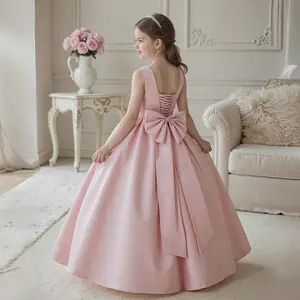 Tween Girl Pink Satin Backless Lace-Up Princess Dress with Big Bow, 8-12Y Kids Party Dress