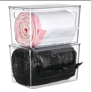 2 Pack Trash Bag Holder, Stackable Garbage Bag Dispenser for 13/30/33 Gallon Bags, Clear Organizer Bins for Under Kitchen Sink, Laundry Room Organization and Storage