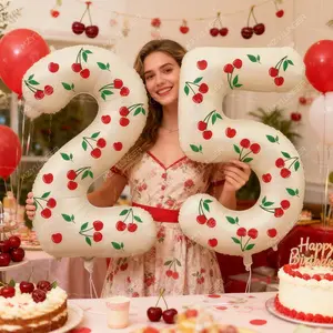 2pcs 32-Inch Cherry Pattern Number Balloons, Cute Cream Balloons with Cherry Stickers, Party Decor for Birthday, Picnic, Summer Events