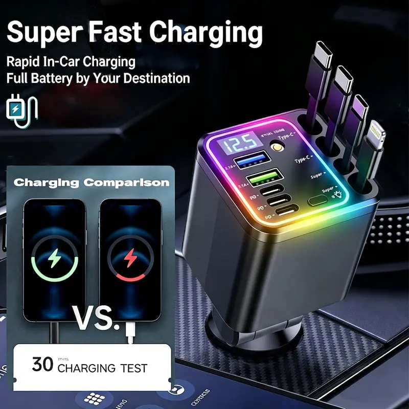 120W Retractable Car Charger, 9-in-1 Fast Charging Station with 4 Built-in Cables & Star Projector, RGB Ambient Light,LED Voltage Display, Multi-Plug Car Accessories for iPhone & Android, Essential Road Trip Organizer