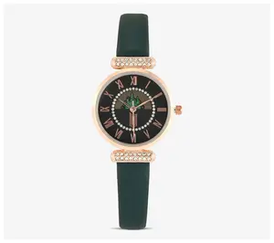 Wicked Women's Rosetone Crystal Dial Green Strap Watch