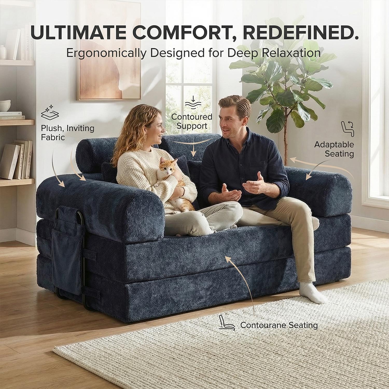 Large size double boneless convertible folding sofa bed with fixed shape frame and storage bag. Headrest design with pillow for dual comfort