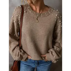Women's Faux Pearl Decor Drop Shoulder Sweater, Casual Basic Aesthetic Chic Long Sleeve Round Neck Jumper for Fall & Winter, Fashion Ladies' Knitwear for Daily Wear, Fall Womenswear