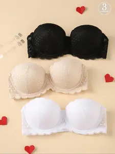 Women's Solid Color Lace Strapless Push Up Wireless Bra, Comfortable Breathable Half Cup Bandeau, Invisible Shoulder Straps Lingerie for Daily Wear