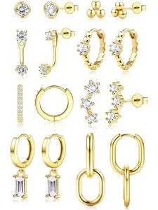 Small Gold Hoop Earrings Set for Women - Classic Style Earrings - 14K Gold Plated Hypoallergenic Huggie Hoop Studs Earring Stacks for Sensitive Ears - Cartilage Earring Sets for Multiple Piercing 8 Pairs