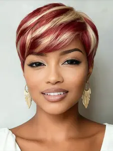 613 Ombre Color Straight Human Hair Wig Fashion Wig for Women Pixie Cut Wig Full Machine Made Wig 150% Density 6 Inch