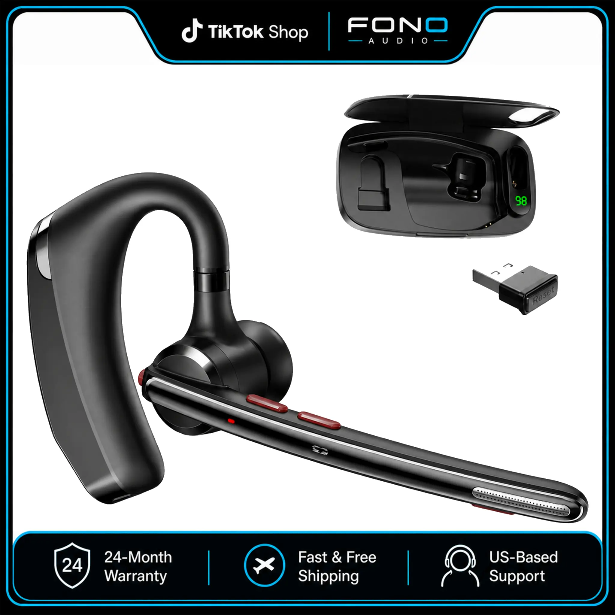 G10 Bluetooth 5.3 Headset with Mic, 25H Talk Time, Dual-Mic ENC Noise Reduction, LED Display, IPX5 Rated, 500mAh Charging Case, Mute Button, Ear Hook, USB Adapter, Trucker Driver Use, Hands-Free Calls, Phone/PC/Laptop Compatible, Manufacturer Warranty