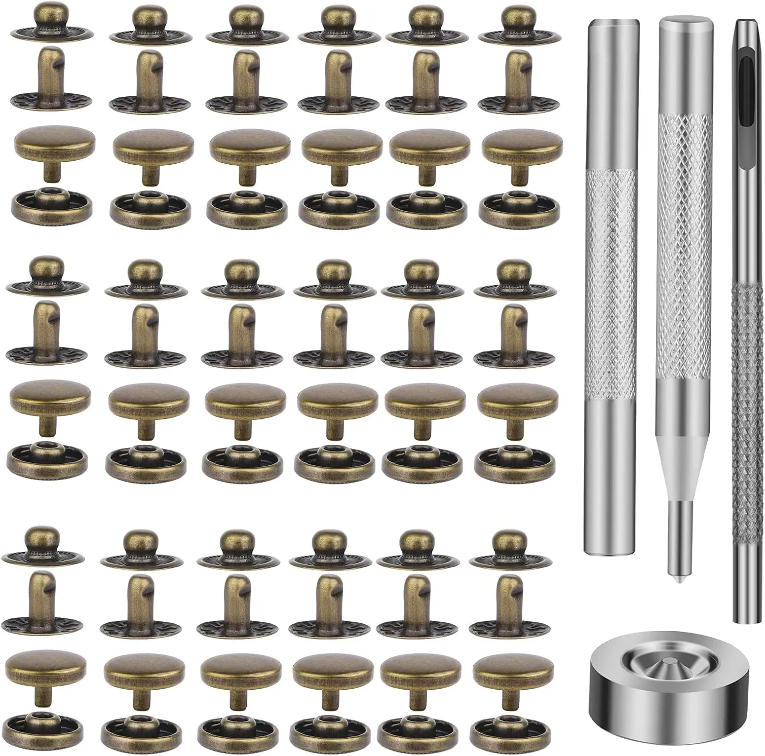 50 Sets Leather Snap Fasteners Kit 10mm Bronze Metal Snap Buttons kit Stainless Steel with 4 count Snap Fastener Installation Tools for Sewing Clothing, Bracelets, Jackets, Bags Belt, DIY Crafts