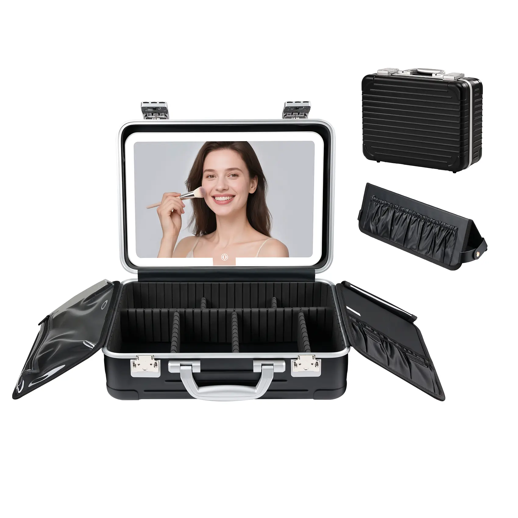 16-inch LED Mirror Makeup Case for Adults, PC & Aluminum Shockproof Durable Scratch-Resist Hard Shell, Multi-Compartment Makeup Bags & Organizers with Built-in Organizer, Brush Board, Combination Lock, Back Strap, Portable Travel Vanity Box, Black