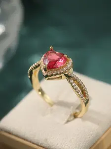 Vintage Copper Material Cross Ring Inlaid With Heart-shaped Red Synthetic Zircon Ring, Classic Women's Engagement And Wedding Ring