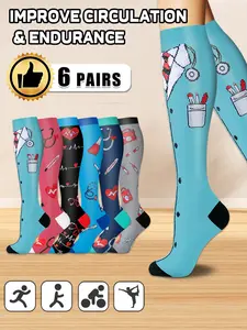 6 pairs of men's and women's compression socks wide calf booster socks, for circulation, running, nurses, pregnant women, various colour patterns available, gift for nurse doctor, Sports Athletic Socks