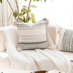 Gray Boho Throw Pillow Cover 20x20 Grey Decorative Accent Pillow for Couch Square Woven Textured Pillowcase Modern Farmhouse Pillow for Bed Bohemian Pillow Cover (Pack of 1)