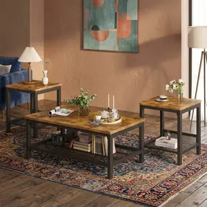 Multifunctional 3 Piece Living Room Table Set Industrial Coffee Table With Two Side Tables Durable Metal Frame Space Saving Sofa End Table For Apartment Indoor Use
