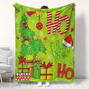 Festive Christmas Throw Blanket Soft Flannel All-Season Cozy Green  Red Plaid Pattern with HO HO HO Lettering Snowflakes Candy Canes  Gingerbread Men Lightweight Warm Gift for Couch Bed Travel Camping Holiday Decor in Lime Green  Red  Ideal Christmas