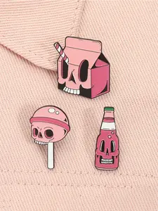 3pcs/set Halloween Skull Candy Lollipop Enamel Pins Goth Skeleton Soda Drink Jiuce Spooky Vibrant Alloy Brooches Lapel Backpack Badge Fashion Jewelry Accessories Gifts for Friends