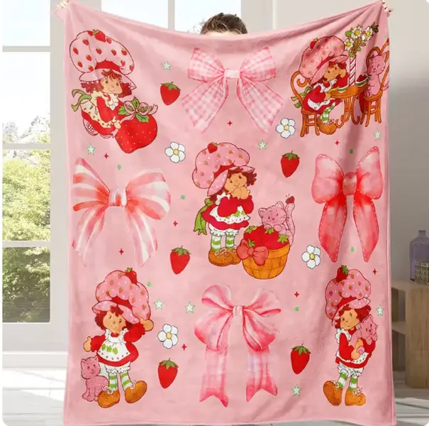 Flash Sale Polyester Flannel Strawberry & Cartoon Blanket - Soft, Cozy Warm Lightweight, Bedroom-Sofa Use, Room Decor, Girly Accessories, Ideal Blanket Gifts for Teen Girls, Soft Blankets