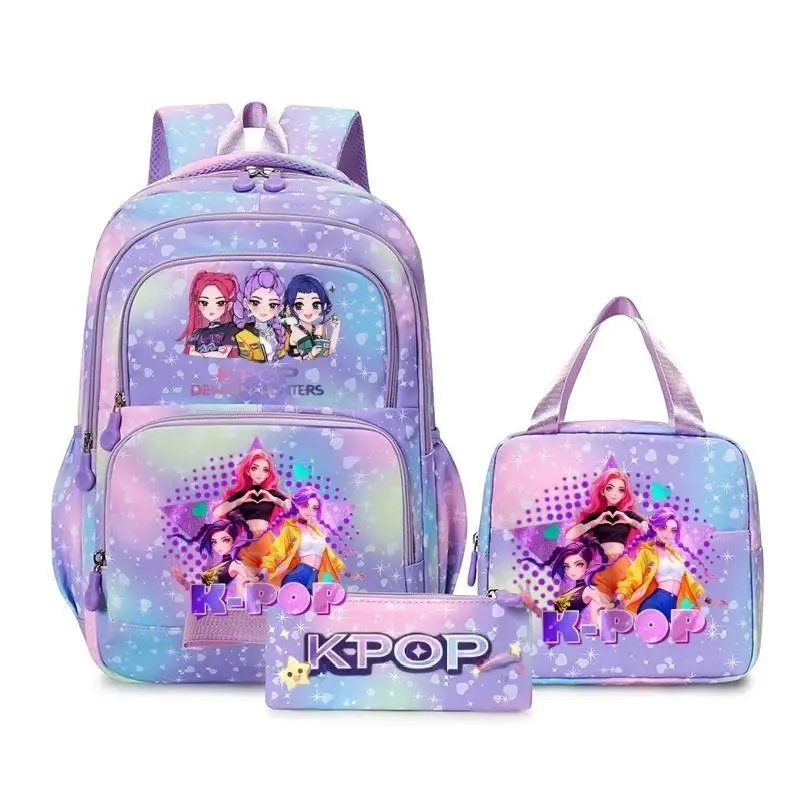 Pastel Gradient Star Heart K‑POP Anime Hunters Cartoon Print 3‑Piece Backpack Set, Multi‑Pocket Girls School Bookbag, Matching Lunch Tote Bag and Zipper Pencil Pouch, Teen Girls Casual Travel Daypack
