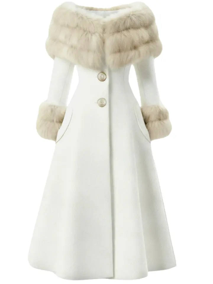 Cream 1950s Multi-Layer Fur Collar Patchwork Coat