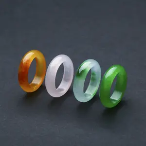 1 Piece Natural Pink Yellow Green Jade Ring Unisex Band for Women Men Couple Wedding Jewelry Size 5-12