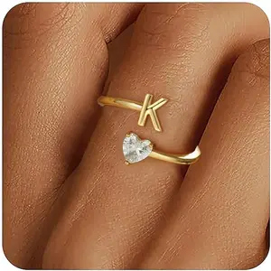 Gold Initial Rings for Women Girls - 18K Gold Plated Adjustable Letter A-Z Initial Ring Dainty Heart Initial Rings for Women Teen Girl Gifts