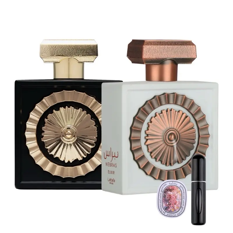 Lattafa Pride Nebras + Nebras Elixir Bundle Unisex EDP Pack - 100ml Spray, 5ml Refillable Amber Vanilla Bottle, Scented Car Accessory, Musky, Multi-Scent, Aromatic, Fruity Fragrance, Musky Fragrance, Multi-Scent Unisex Fragrance