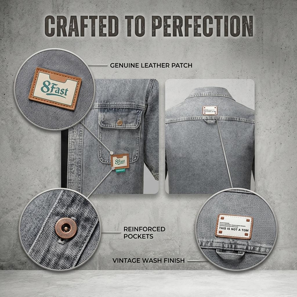 Men's  Washed Denim Shirt, Retro Distressed Biker  Shirt， Classic Trucker Shirt with Shoulder Stitching, Casual Button-Down Motorcycle Denim Shirt  for Men, Fashion Streetwear Denim Shirt for Daily Wear, Riding, Outdoor