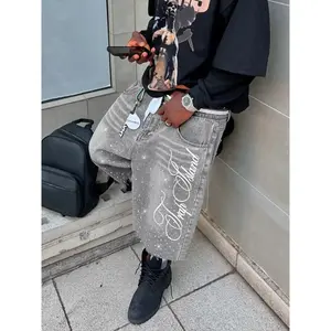 Embroidered rhinestone denim shorts, letter embroidered casual high waisted button up pants, loose fitting American street style, suitable for all seasonsRAIMENTRY