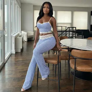 Women’s Blue White Gingham Lace Trim Cami Top and Flared Pants Set 2 Piece Pajama Lounge Set Spaghetti Strap Crop Camisole with Elastic Drawstring Waist Long Pants Soft Stretchy Curve Friendly Matching Outfit for Travel Weekend  Vacation Wear summervibes