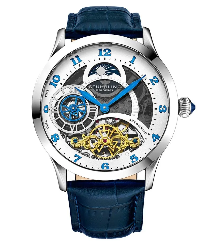 Stührling Radiant 925 Men's Self-Winding Automatic Skeleton Watch, 44mm Round Case, Exposed Gears, Leather Strap, Skeleton Dial, Dual Timezone, Tinted Glass