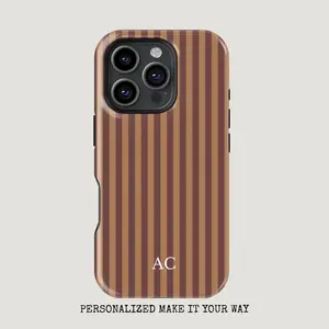 Custom Monogram Brown Striped Phone Case, Personalized Initial Aesthetic Cover, Shockproof Hard Shell for iPhone 17/16/15/12 & Samsung S25/S23, Vintage Neutral Stripes, Great Gift Idea
