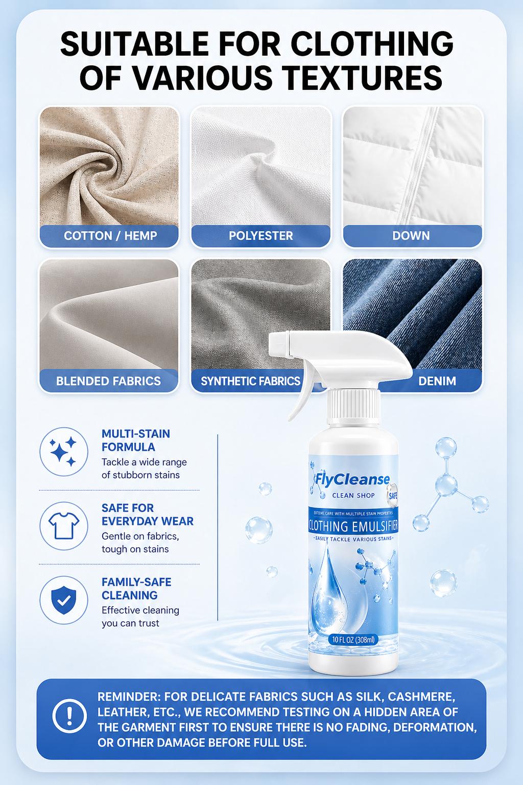 FlyCleanse Stain and Food Residue Cleaning Spray&mdash;An Essential for Home Cleaning and Care&mdash;Not for Dry Cleaning&mdash;Effective on food residue, grease, and coffee stains on clothing, underwear, and fabrics summervibes