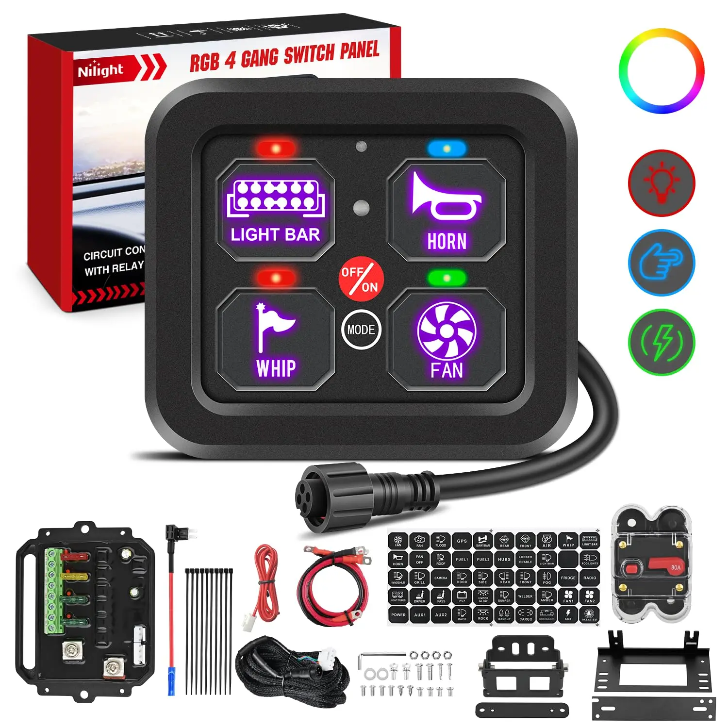 4-Gang Switch Panel, 12V-24V Universal Circuit Control Relay System with RGB Backlight, Fuse Wiring Harness, Automatic Dimmable ON-Off LED Pod, Car Lighting Accessories, Ambient Lighting for Pickup Truck, Ambient Lighting Car