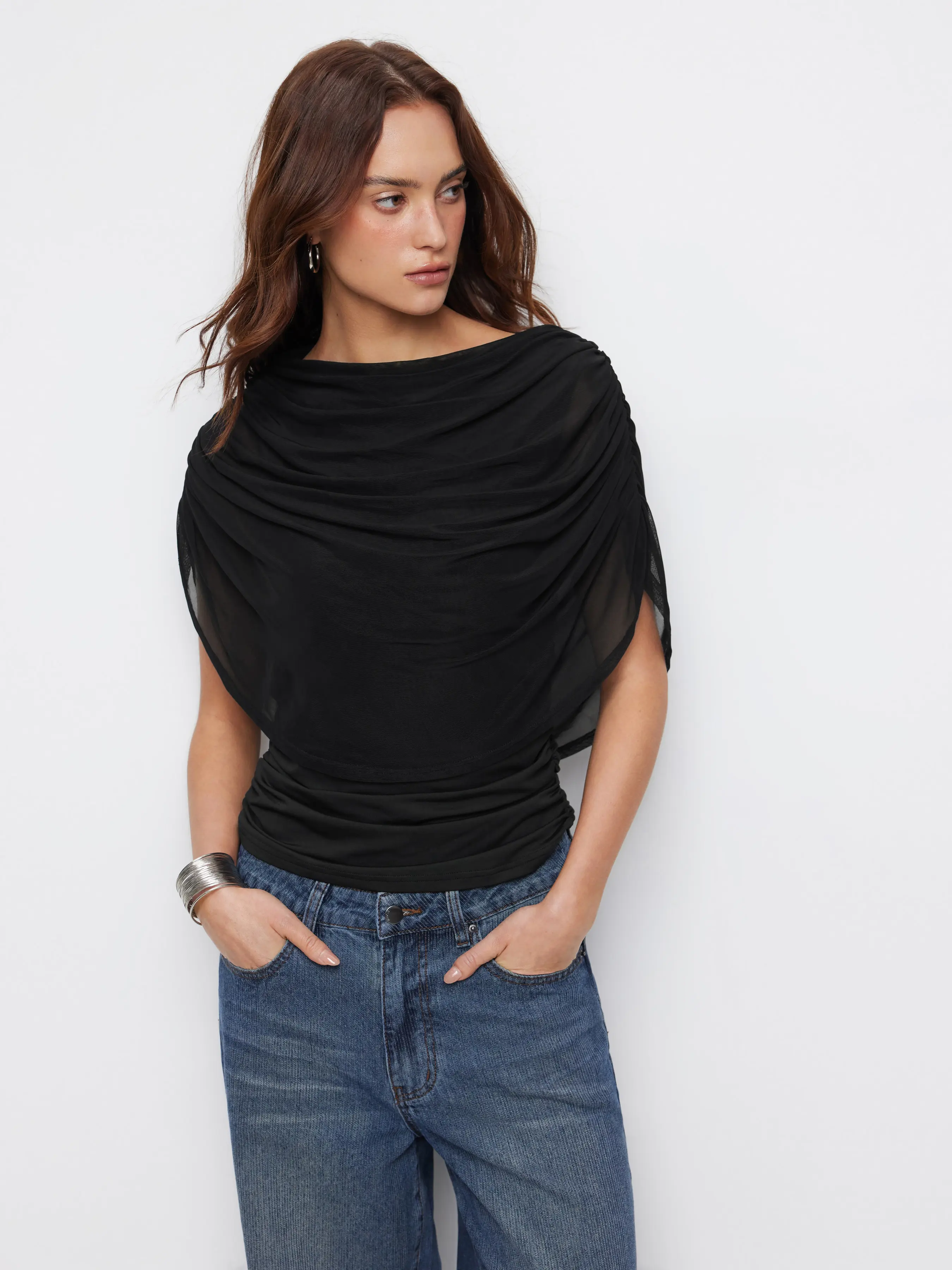 Cider Knit Boat Neck Ruched Bolero Top