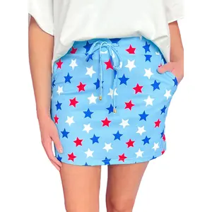 Znacicc Women's Sky Blue Star Printed Drawstring Mini Skort with Beaded Accent Elastic Waist Perfect for Summer Concerts Beach Days Patriotic Events Trendy & Versatile Skirt Womenswear