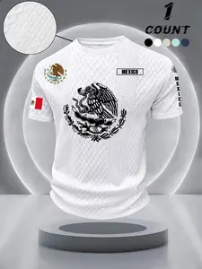 American Letter T-Shirt, Stretch Fitted Fabric, Men's Daily Commute/leisure Short Sleeve Top, Casual Polo Shirt with Letters Pattern