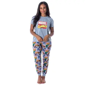 Marvel Women's Character Comic Book Print 2 Piece Jogger Pajama Set (M)