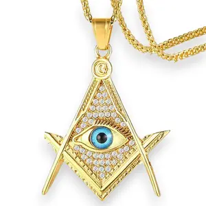 Mens Gold Plated Bling Hip Hop Masonic Pendant Necklace 316L Stainless Steel 24 Inch Chain 54mm x 49mm Pendant Quality Jewelry